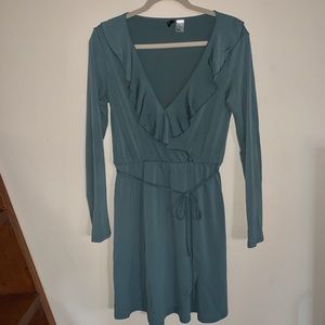 Blue/Sage Long Sleeve Wrap Dress w/ Ruffle Detail